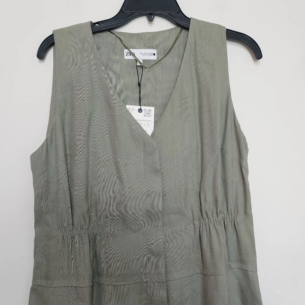 Zara ZW Collection Linen Sleeveless Elastic Waistline Midi Dress Sz-L_9